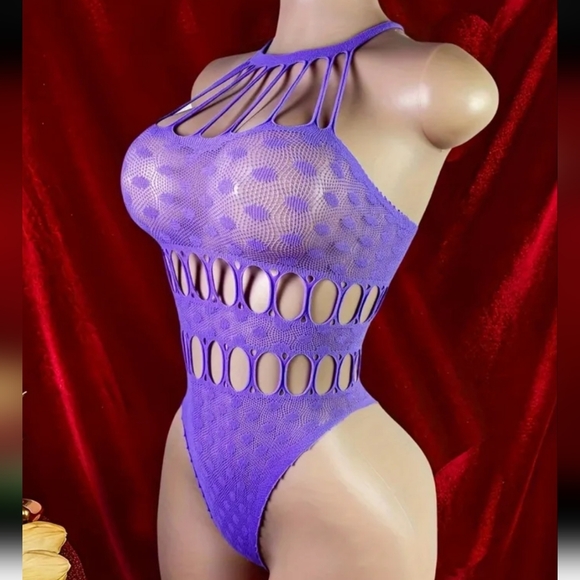 Purple Strappy Semi-Sheer Polka Dot Lace Cutout Bodystocking Bodysuit (OS) - Picture 4 of 6